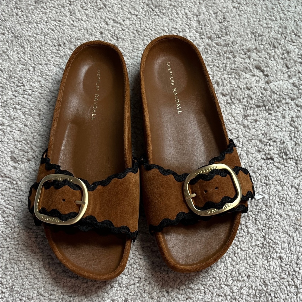 Loeffler Randall Tan Slides with Gold Buckle